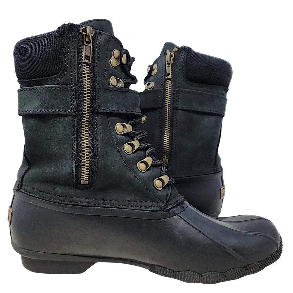 Sperry Duck Boots 9.5 Women Saltwater Black Buckle Waterproof STS83220 Rain Snow